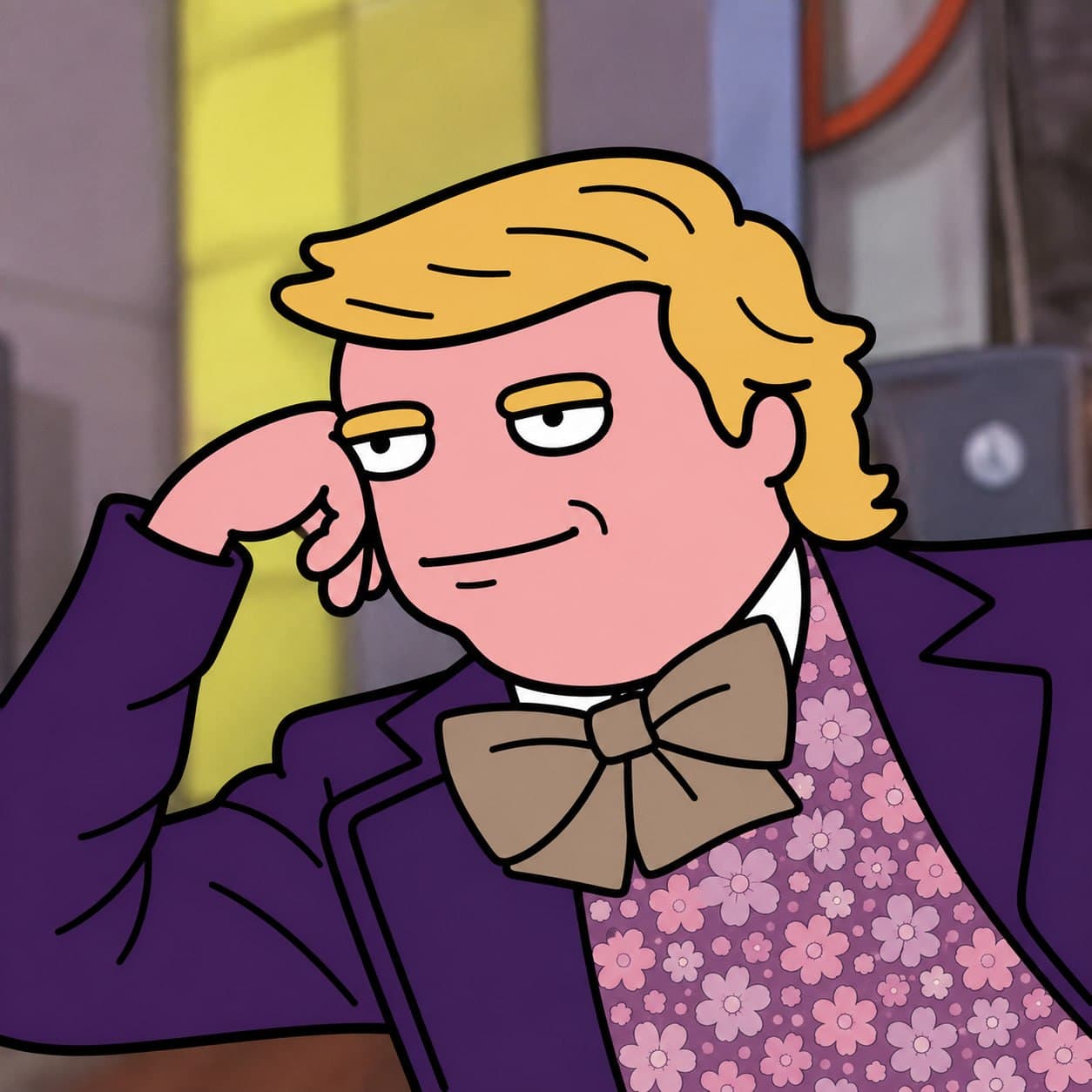 Trump purple suit smug phone